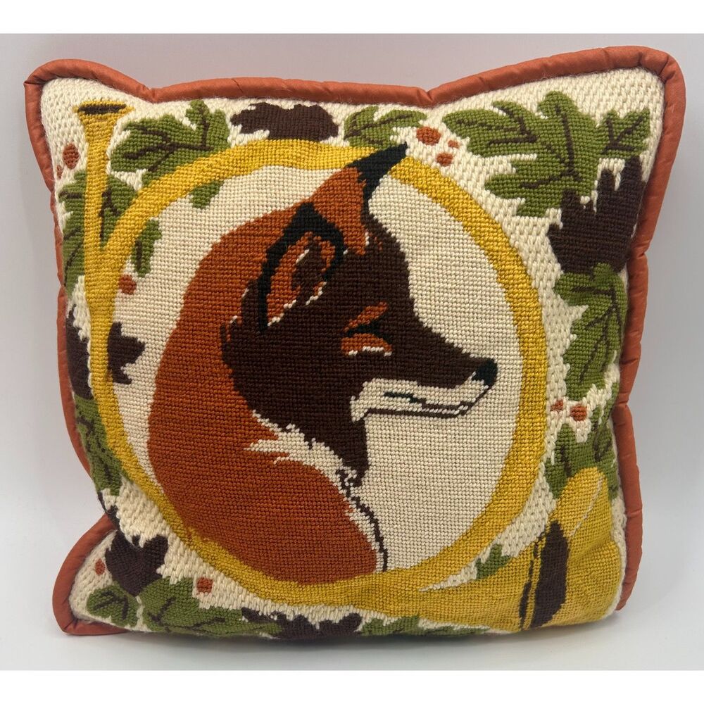 Fox Portrait Needlepoint Tapestry Throw Pillow Folk Art Accent Cushion